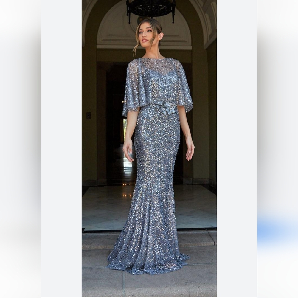 Nicole Batki Cape Top Siver Sequin Formal Maxi Gown Sz 10 NWT - Picture 2 of 14